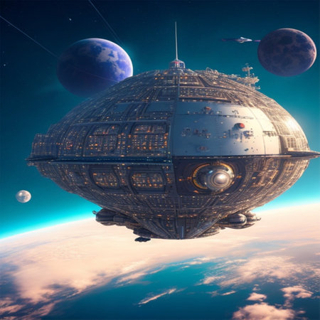 3D illustration of a space ship in the sky over the planet.