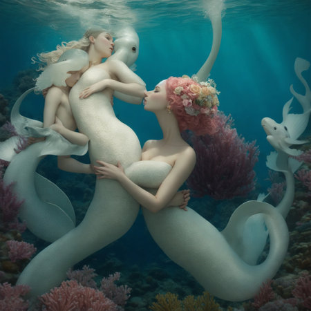 Beautiful mermaids in the underwater world. 3d renderingの素材