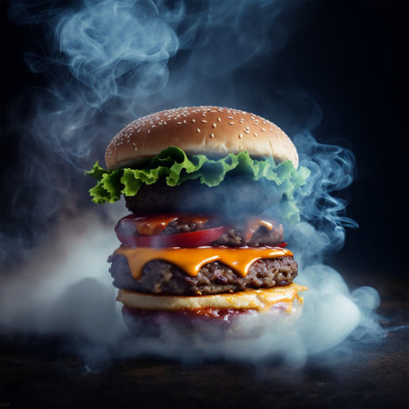 Big tasty cheeseburger with white smoke on dark background. Toned.の素材