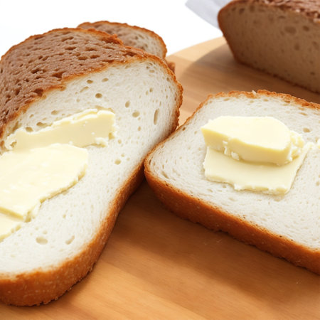 Slices of bread with butter on a cutting board close upの素材