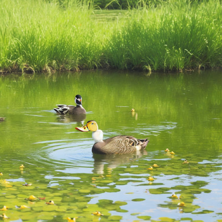 ducks swimming in a pond in a park, beautiful photo digital pictureの素材