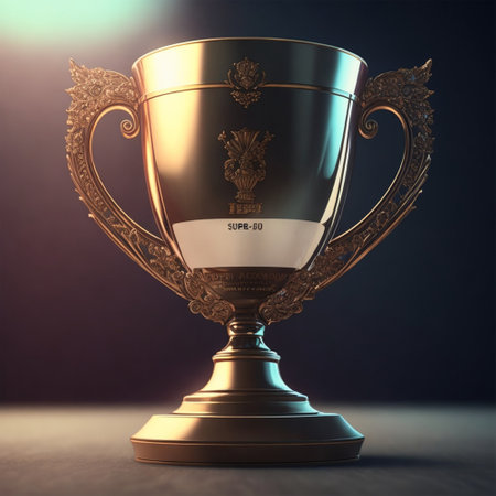 Golden trophy cup on a dark background. 3d render illustration.の素材