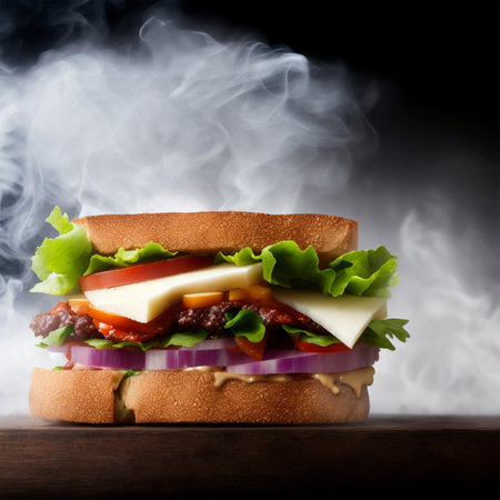 Hamburger on a wooden board with smoke on a black backgroundの素材