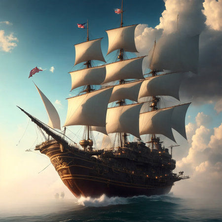 Sailing ship in the sea. 3D illustration. Vintage style.の素材
