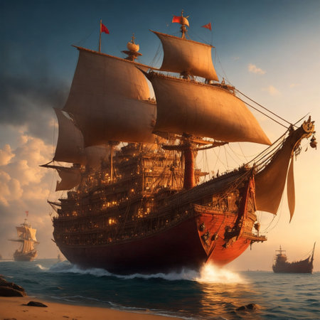 Pirate ship in the sea at sunset. 3D illustration.の素材