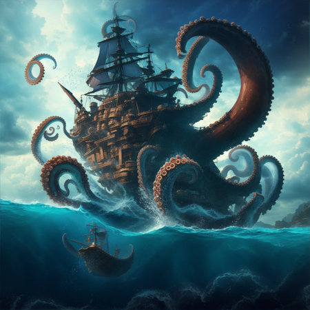 pirate ship and octopus in the ocean. 3d renderの素材