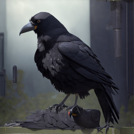 Black crow on a metal fence with a black crow in the backgroundの素材