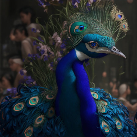Peacock with a peacock tail in the interior of a Chinese templeの素材