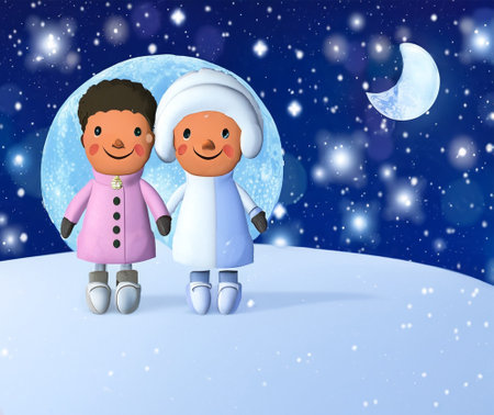 snowman and girl with the moon on the background. 3d renderingの素材