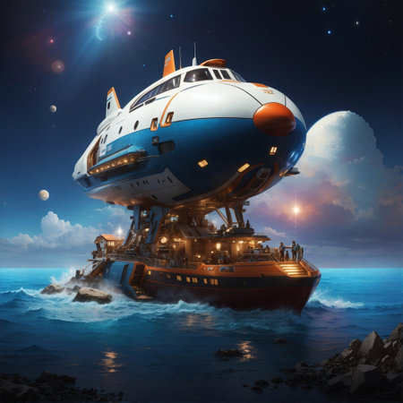 Spaceship in the sea against the background of the starry skyの素材