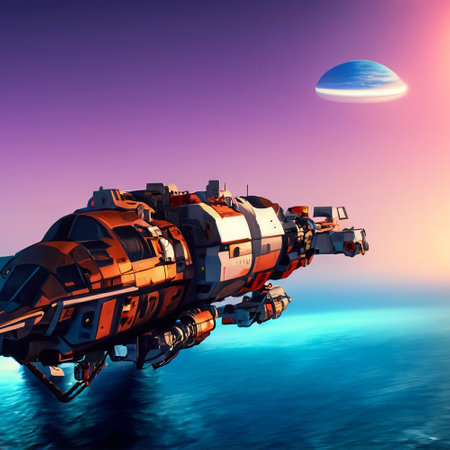 Space ship on a background of the planet. 3D render.の素材