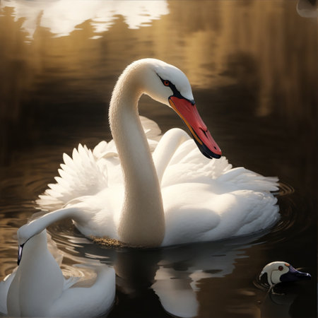 White swans swimming on the lake, close-up. The mute swan, Cygnus olorの素材