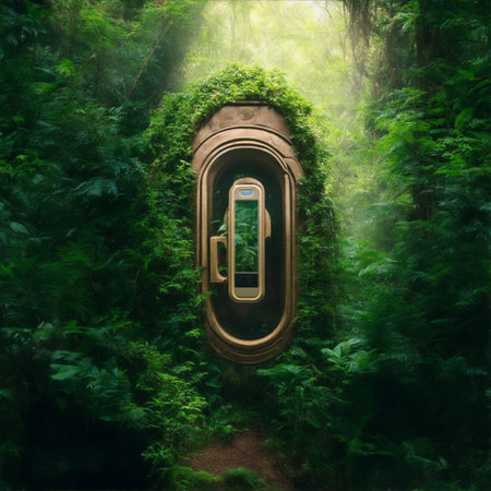 Vintage door in the jungle. 3D illustration. Nature concept.の素材