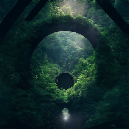Mysterious tunnel in the forest with light coming from the endの素材