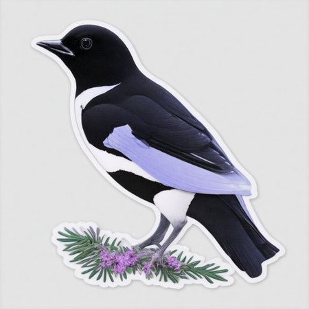 Magpie on a white background with a bouquet of flowers.の素材