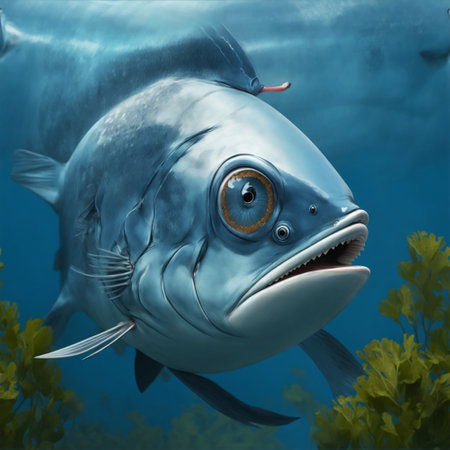 Underwater world. Fish swimming in the ocean. 3d illustrationの素材