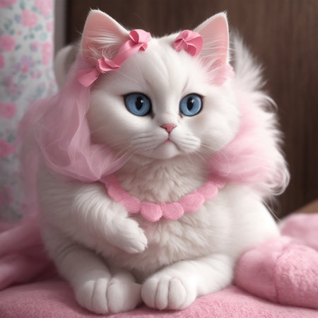 White cat with pink bow and blue eyes on a pink background.の素材