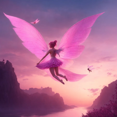 Beautiful fairy with pink wings and flying bird on the sky backgroundの素材