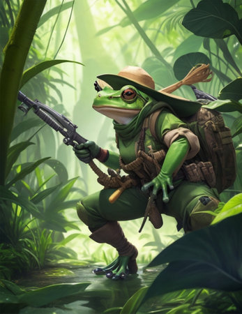 Frog hunter in the jungle. 3d illustration. Fantasy.の素材