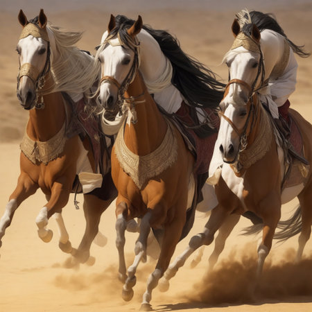 Arabian horses in the desert, Dubai, United Arab Emirates.の素材