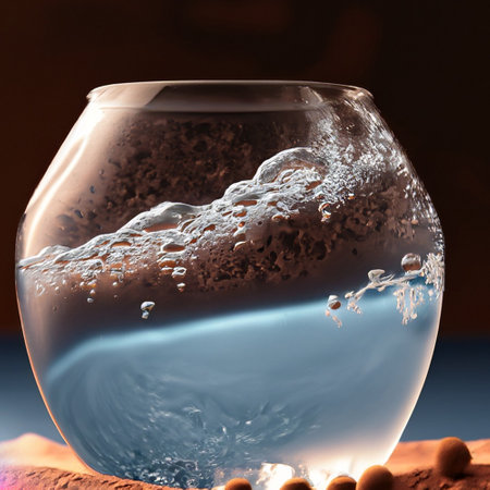 A glass of water with bubbles on a dark background. Copy space.の素材