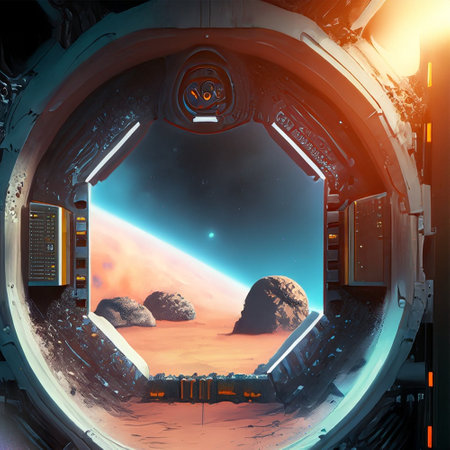 Spaceship interior with window view on planet Earth. Mixed mediaの素材