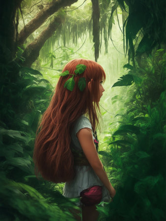 Redhead girl with long hair in the rainforest. Fantasy.の素材