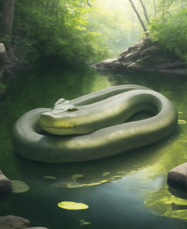 The green snake is swimming on the water in the forest. Green snake in the forest.の素材