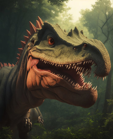 dinosaur with open mouth in the forest. 3d render.の素材