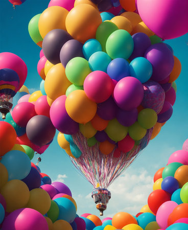 Colorful balloons in the sky at the festival. 3D illustration.の素材
