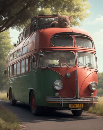 Vintage bus with cat on it in the middle of a rural roadの素材