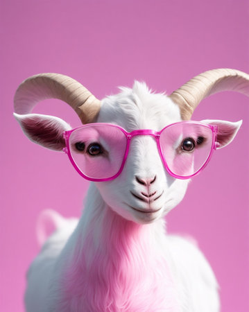 Portrait of a white goat with pink glasses on a pink backgroundの素材