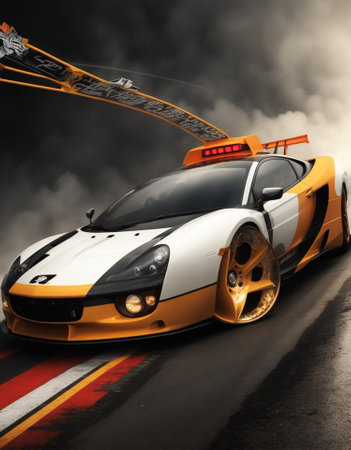 Yellow and white sports car with a crane on the background of smokeの素材
