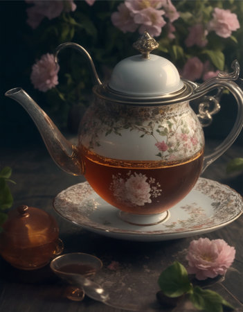 Tea cup and teapot on the table. Vintage style.の素材