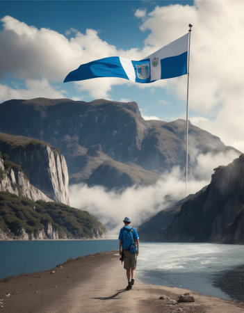 Man with a backpack standing on the edge of a mountain lake and waving the flag of Guatemalaの素材