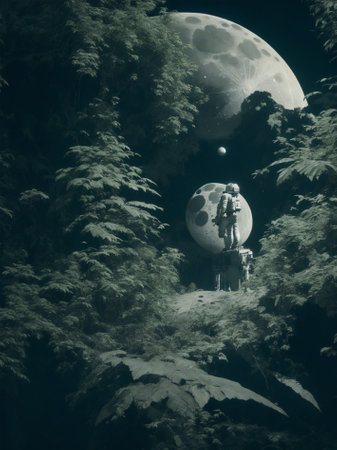 Fantasy scene of a man standing on the edge of a forest and looking at the moon.の素材
