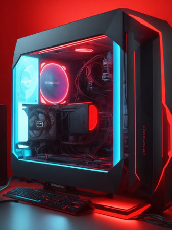Computer with led screen on a red background. 3d rendering.の素材
