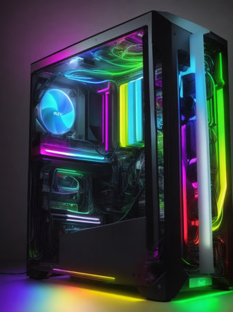 Colorful neon lights on a black computer case, close-upの素材