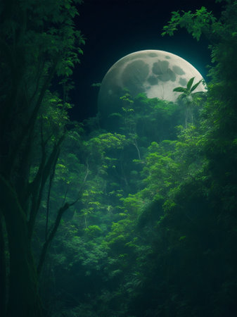 Full moon in the green forest at night. Beautiful nature landscape.の素材
