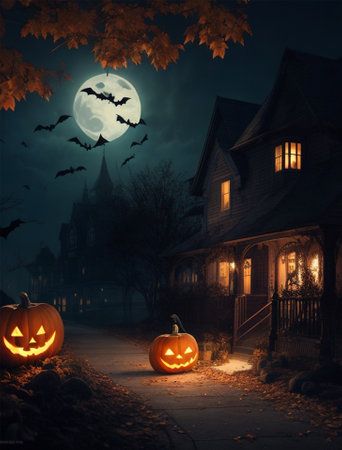 Halloween background with pumpkins in front of haunted house at nightの素材