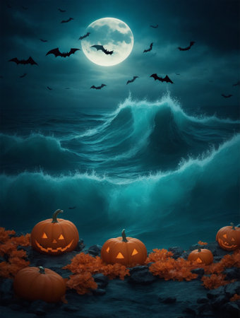 Halloween background with pumpkins on the beach and bats flying aroundの素材