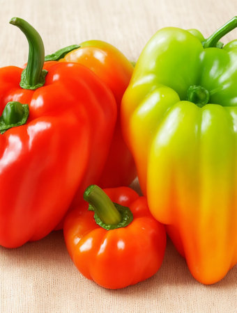 colorful bell pepper on sackcloth background, closeup of photoの素材