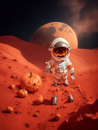 Astronaut in the orange desert with pumpkins. Halloween background.の素材