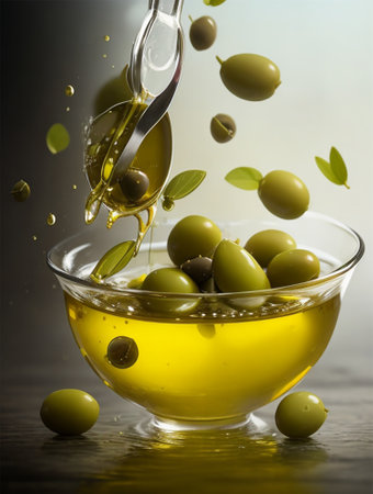 olive oil pouring into a glass bowl with olives and green leavesの素材