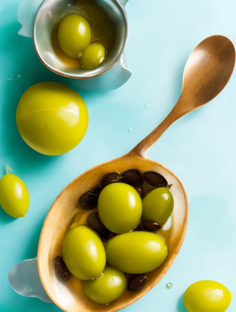 Green olives in wooden bowl and olive oil on blue background.の素材