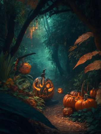 Halloween background with pumpkins in the forest. 3d renderの素材