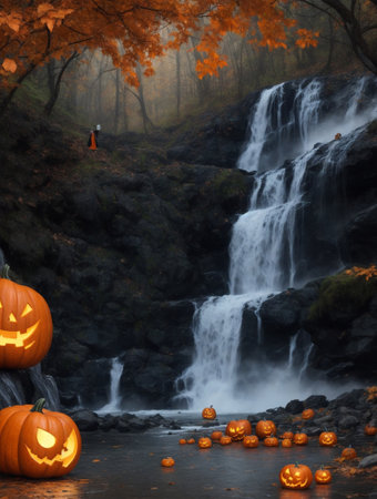 Halloween pumpkins and waterfall in autumn forest. 3d renderの素材