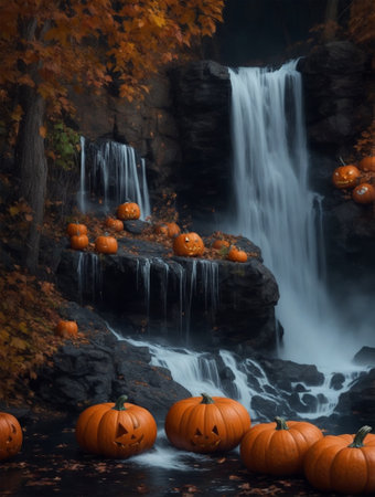 Halloween pumpkins and waterfall in the forest. Halloween background.の素材
