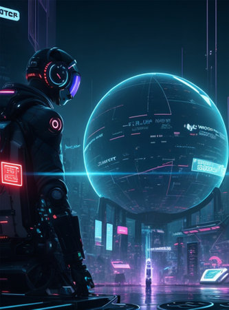 Astronaut in futuristic space suit with glowing planet. 3D renderingの素材