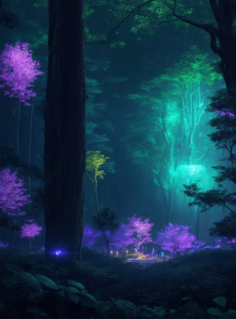 Fantasy forest in the fog with trees and lanterns at nightの素材